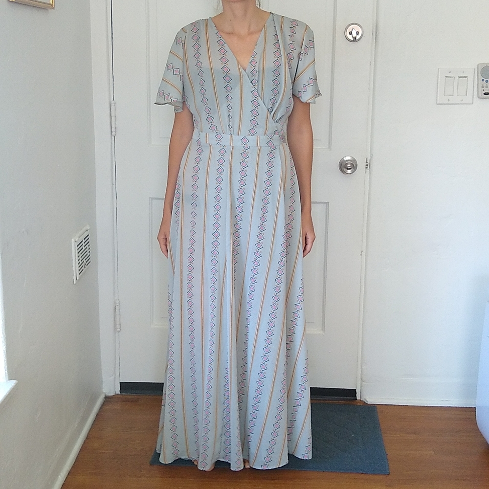Blue Wrap Dress with Gold, Pink and Dark Blue Detailing - Size Small